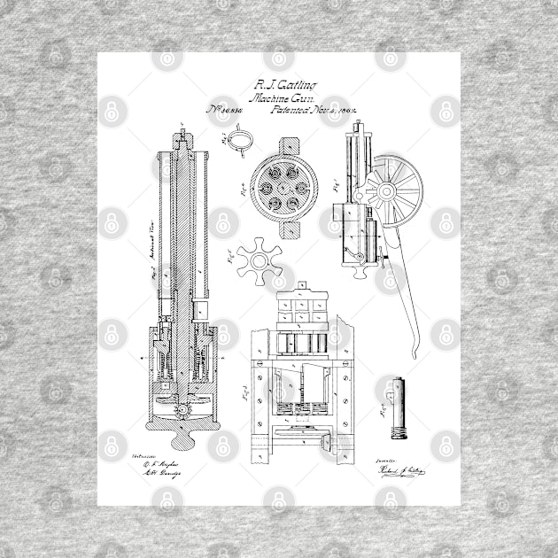 Gatling Machine Gun Patent - Gun Lover Gun Shop Art - White by patentpress